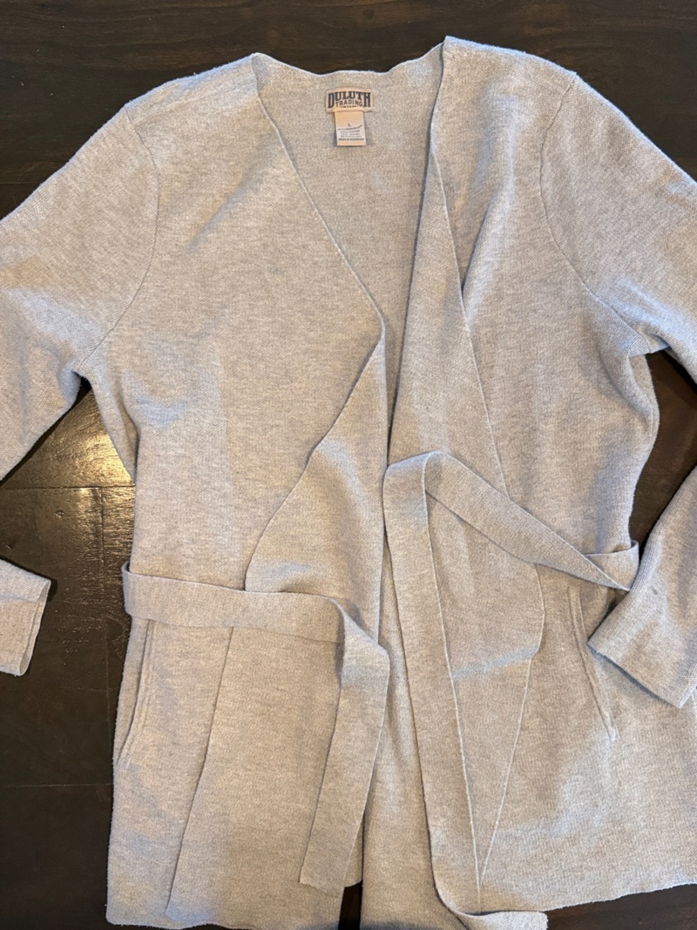 Duluth Trading Co Light Gray Open-Front Knit Blazer with Waist Tie